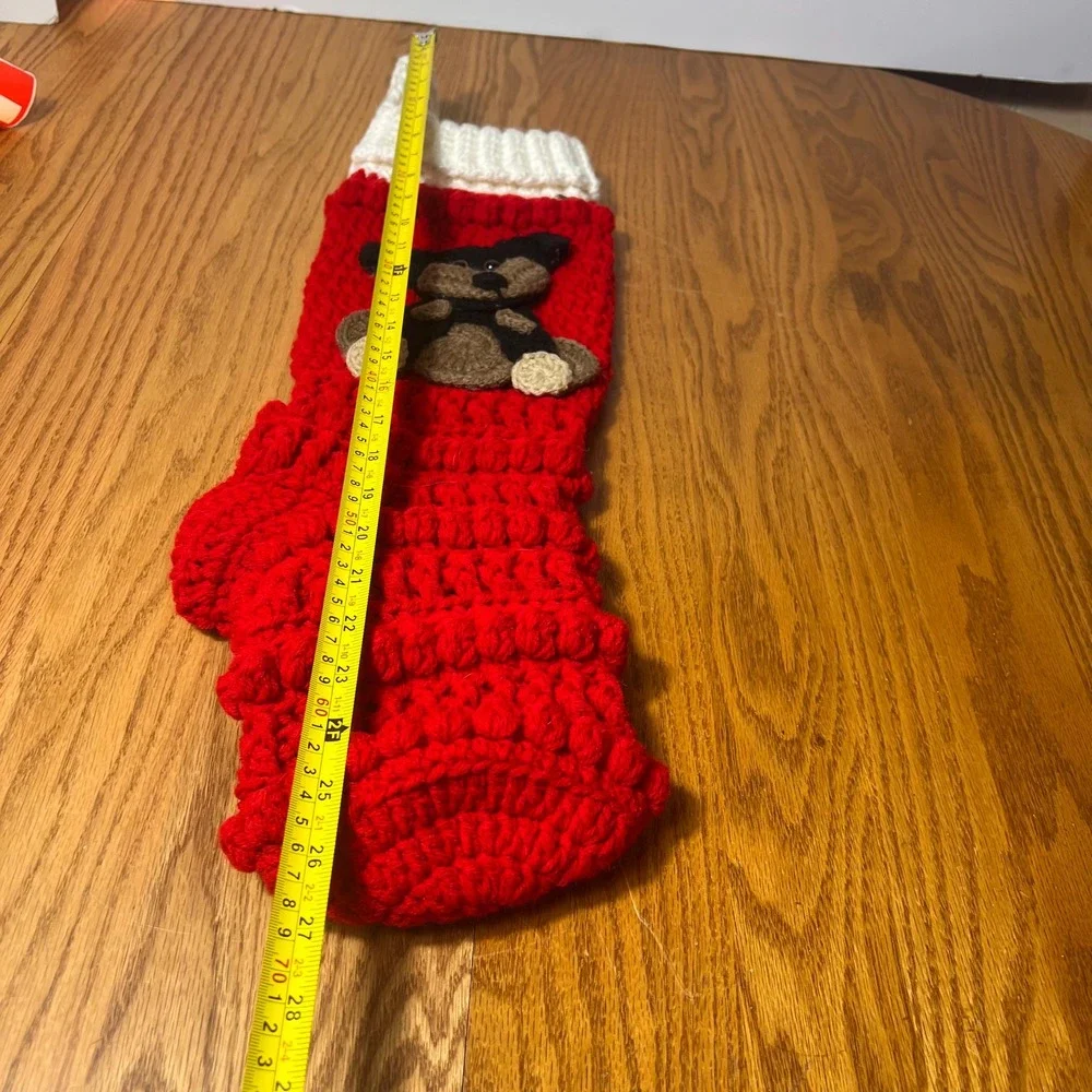Crocheted Teddy Bear Christmas Stocking Red Knit Holiday Rustic Farmhouse chunky